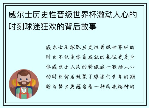 威尔士历史性晋级世界杯激动人心的时刻球迷狂欢的背后故事 威尔士历史性晋级世界杯激动人心的时刻球迷狂欢的背后故事